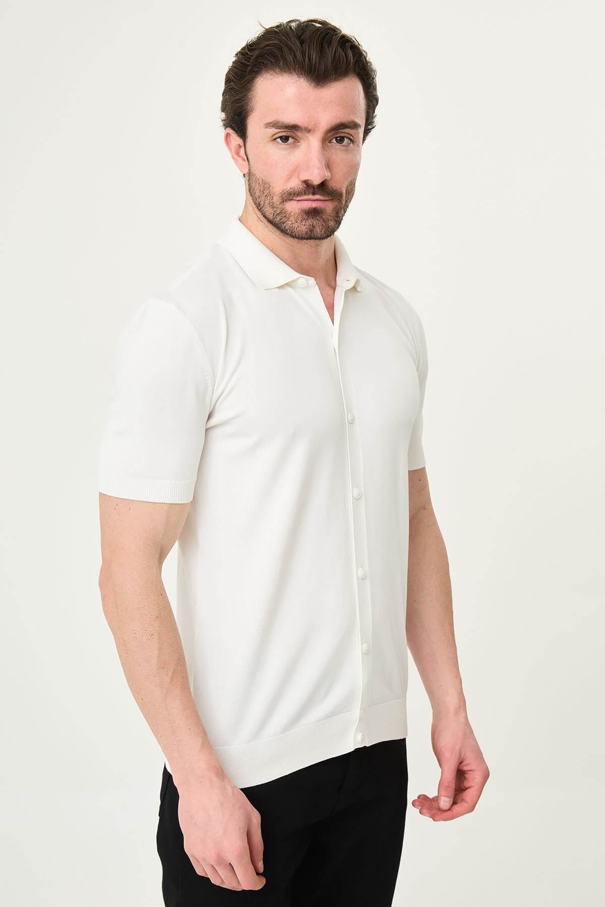 Men’s ecru slim fit short sleeve knitwear shirt with button-up front, lightweight viscose fabric, modern smart casual style