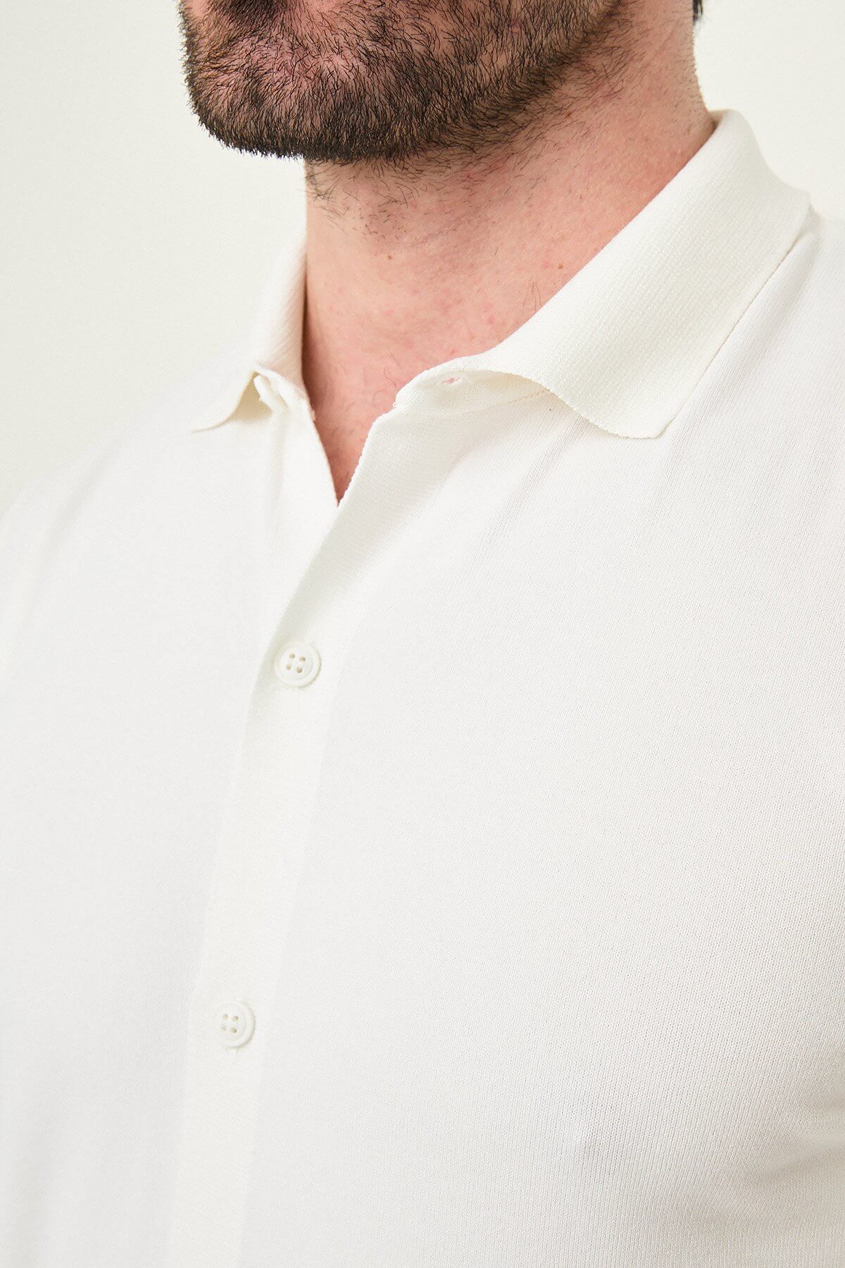 Men’s ecru slim fit short sleeve knitwear shirt with button-up front, lightweight viscose fabric, modern smart casual style