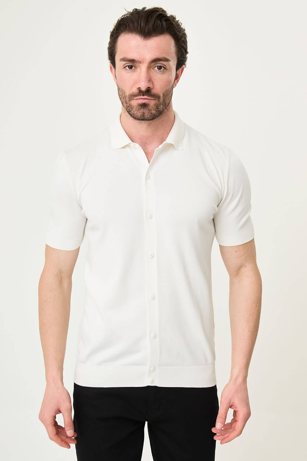 Men’s ecru slim fit short sleeve knitwear shirt with button-up front, lightweight viscose fabric, modern smart casual style