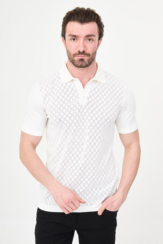 Men’s ecru slim fit knit polo T-shirt with textured diamond pattern, short sleeves, tailored fit, smart casual summer style