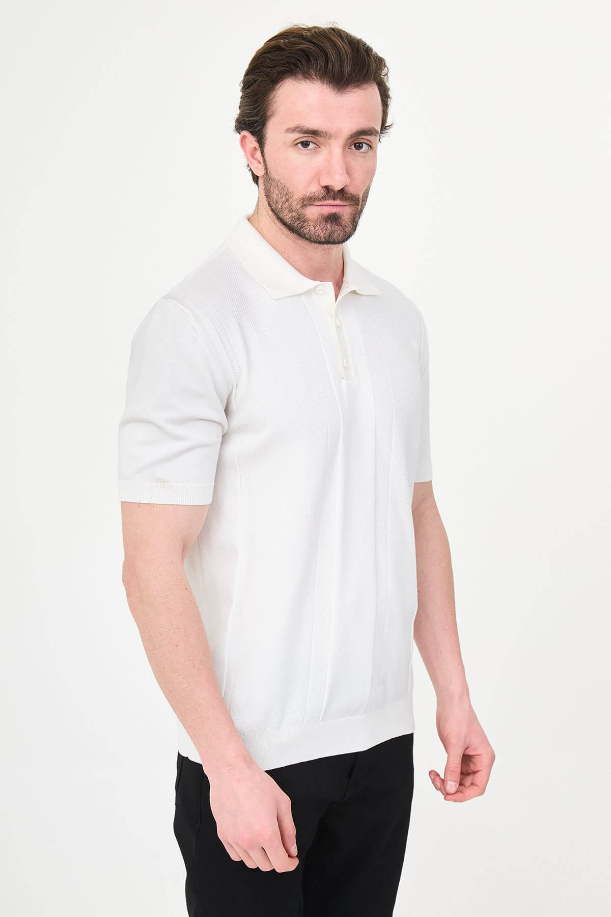 Men’s ecru slim fit textured knit polo T-shirt with vertical panel design, short sleeves, classic collar, minimal modern style