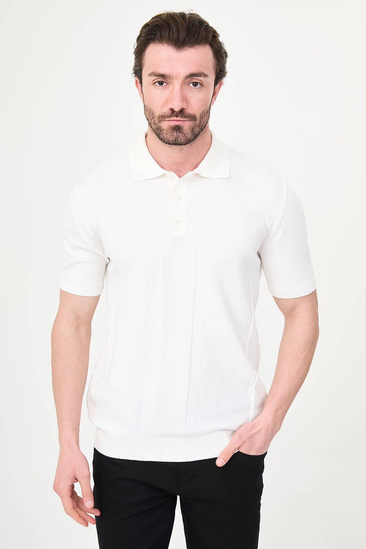 Men’s ecru slim fit textured knit polo T-shirt with vertical panel design, short sleeves, classic collar, minimal modern style