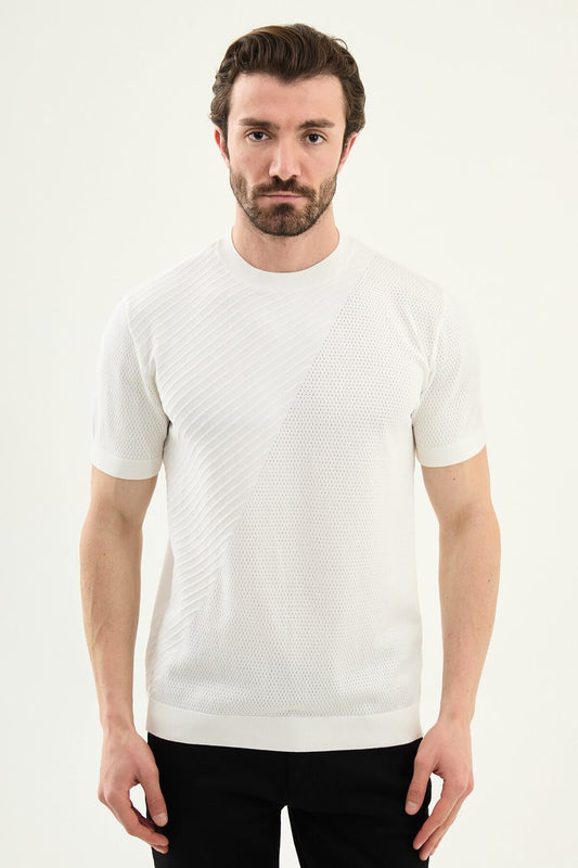 Men’s ecru slim fit textured crew neck t-shirt with diagonal knit pattern, short sleeve minimal summer style