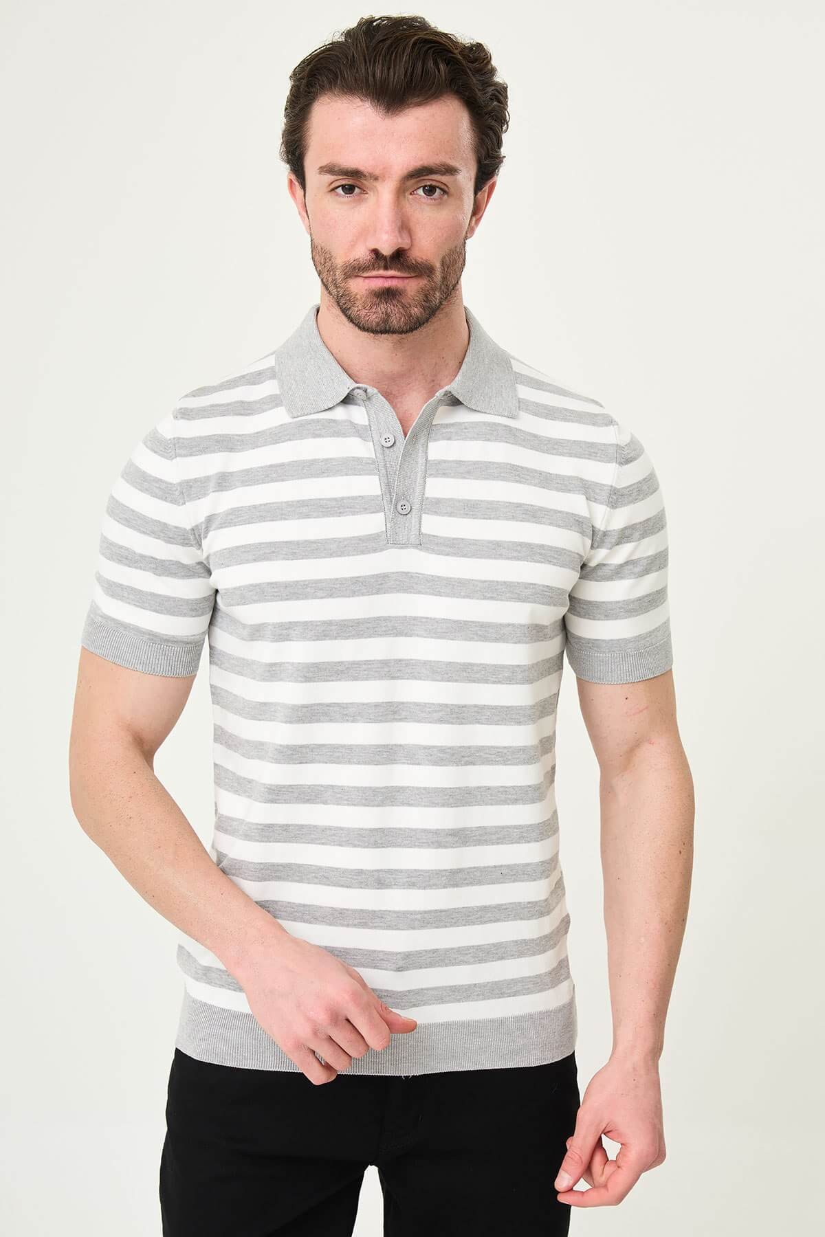 Men’s gray and white striped knit polo shirt with short sleeves, slim fit, breathable cotton fabric, smart casual summer style