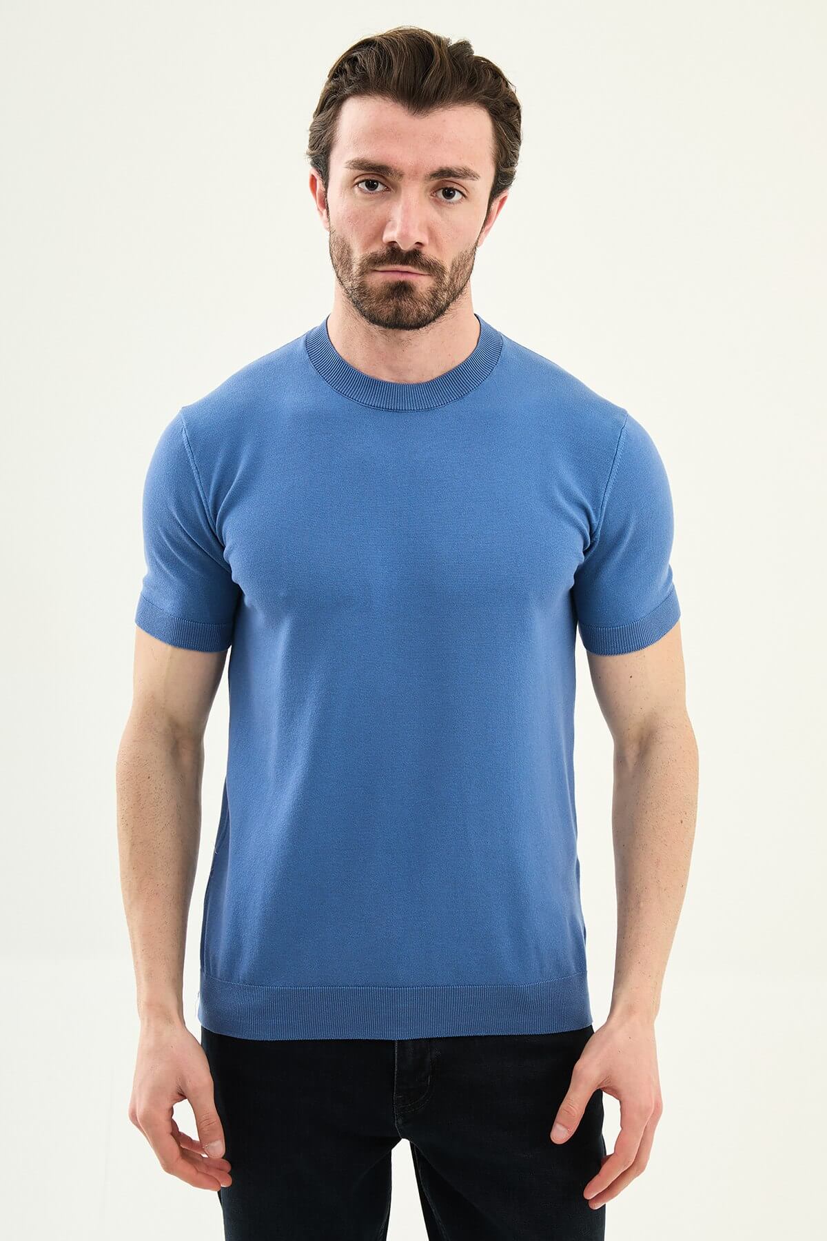 Men’s indigo slim fit crew neck knit t-shirt with short sleeves, soft cotton fabric, modern smart casual summer style
