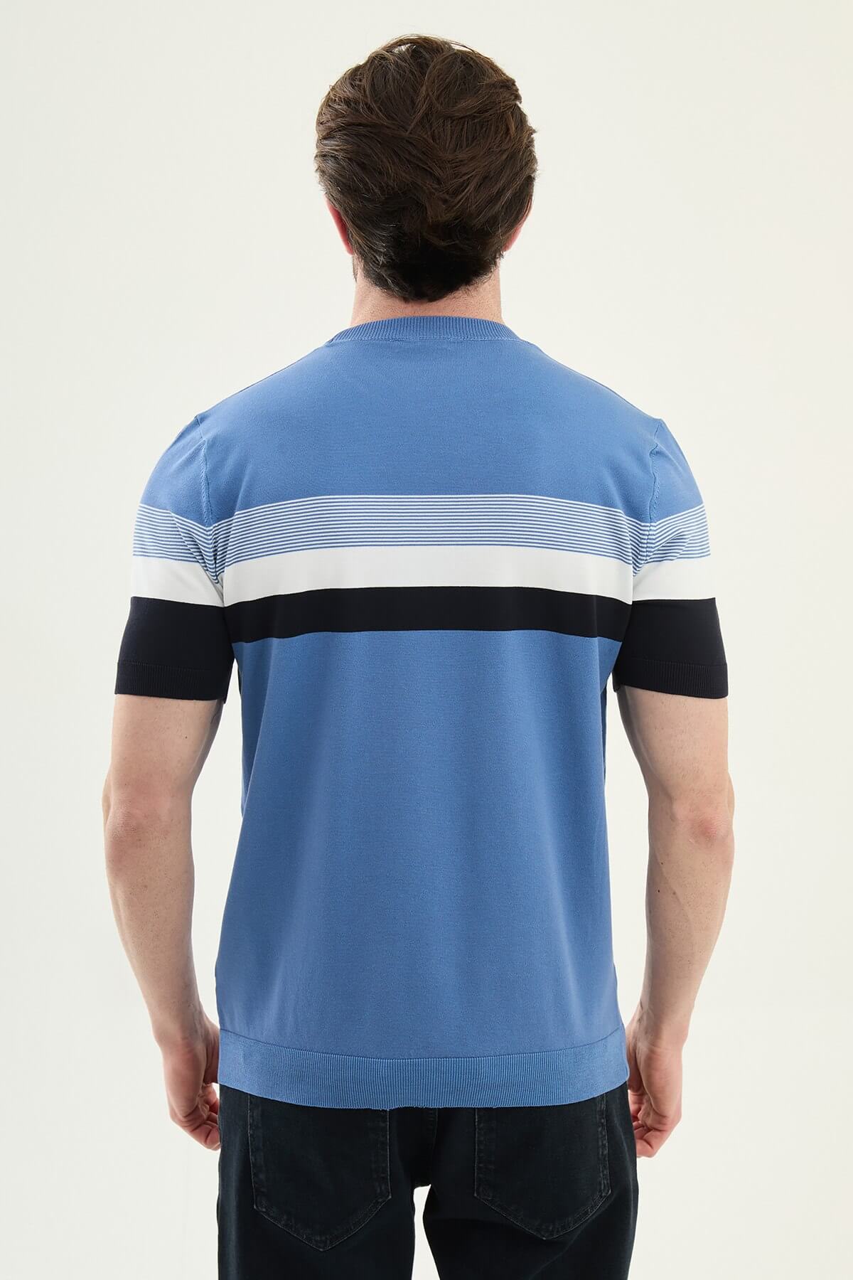 Men’s indigo slim fit striped knit t-shirt with white and navy horizontal stripes modern casual style