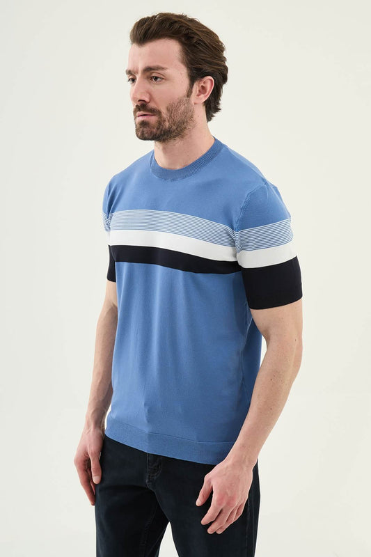 Men’s indigo slim fit striped knit t-shirt with white and navy horizontal stripes modern casual style