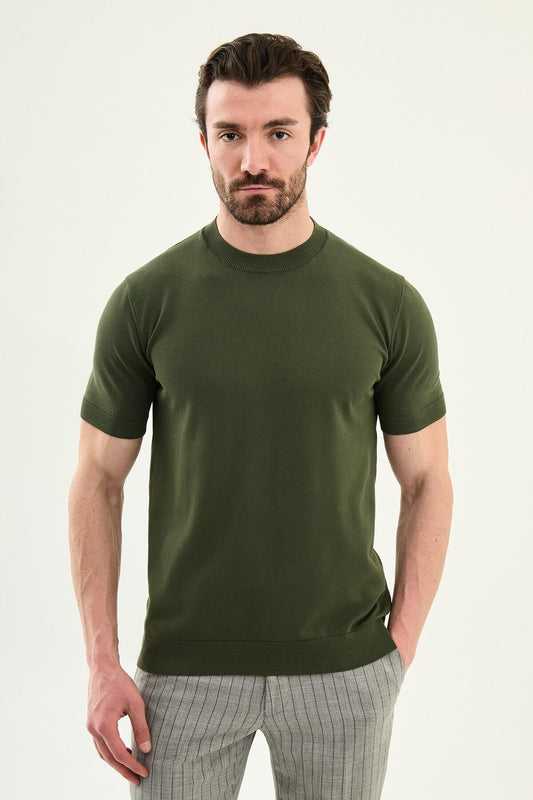 Men’s khaki slim fit crew neck knit t-shirt with short sleeves, cotton stretch fabric, smart casual modern summer style