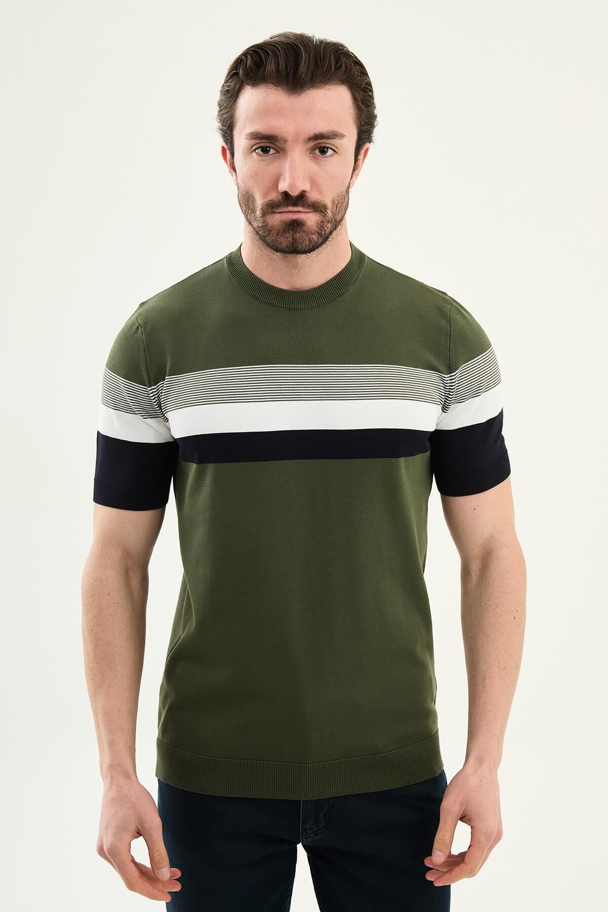 Men’s khaki slim fit striped knit t-shirt with white and navy horizontal stripes modern smart casual style