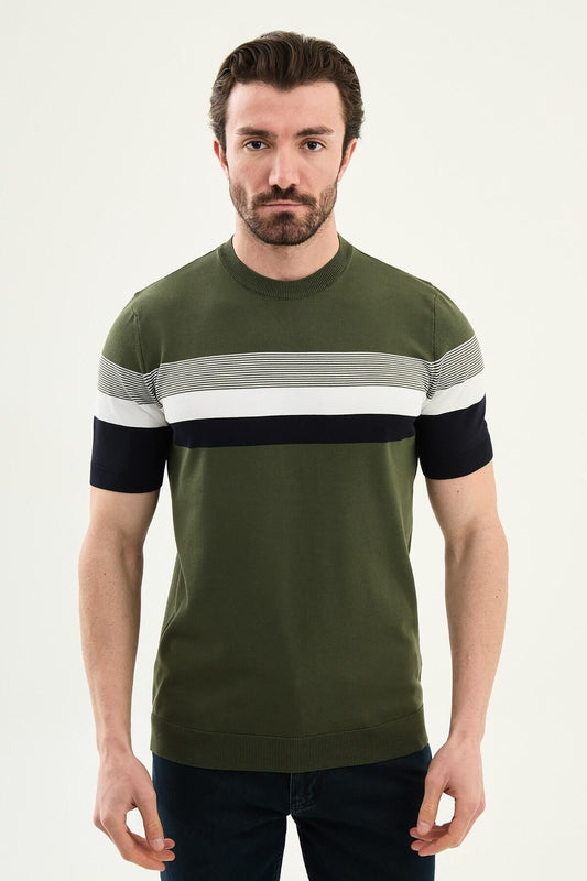 Men’s khaki slim fit striped knit t-shirt with white and navy horizontal stripes modern smart casual style