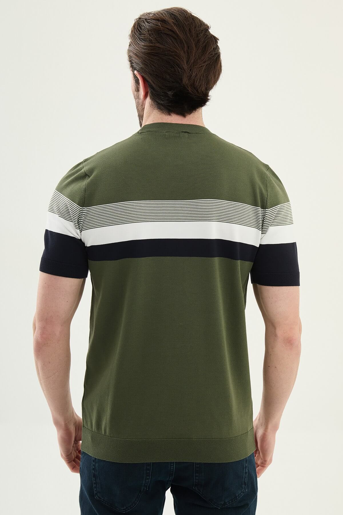 Men’s khaki slim fit striped knit t-shirt with white and navy horizontal stripes modern smart casual style