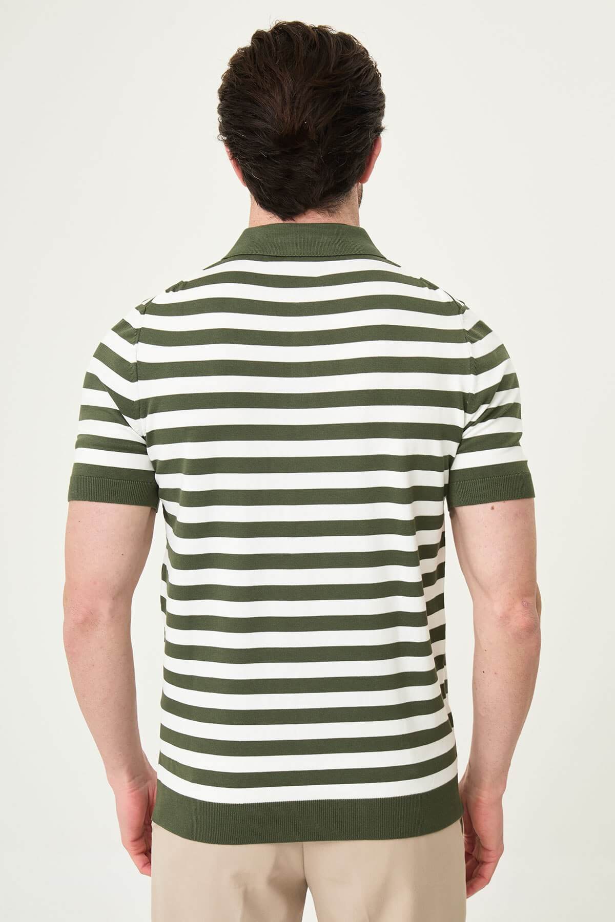 Men’s khaki and white striped knit polo shirt with short sleeves, slim fit, breathable cotton fabric, smart casual summer style