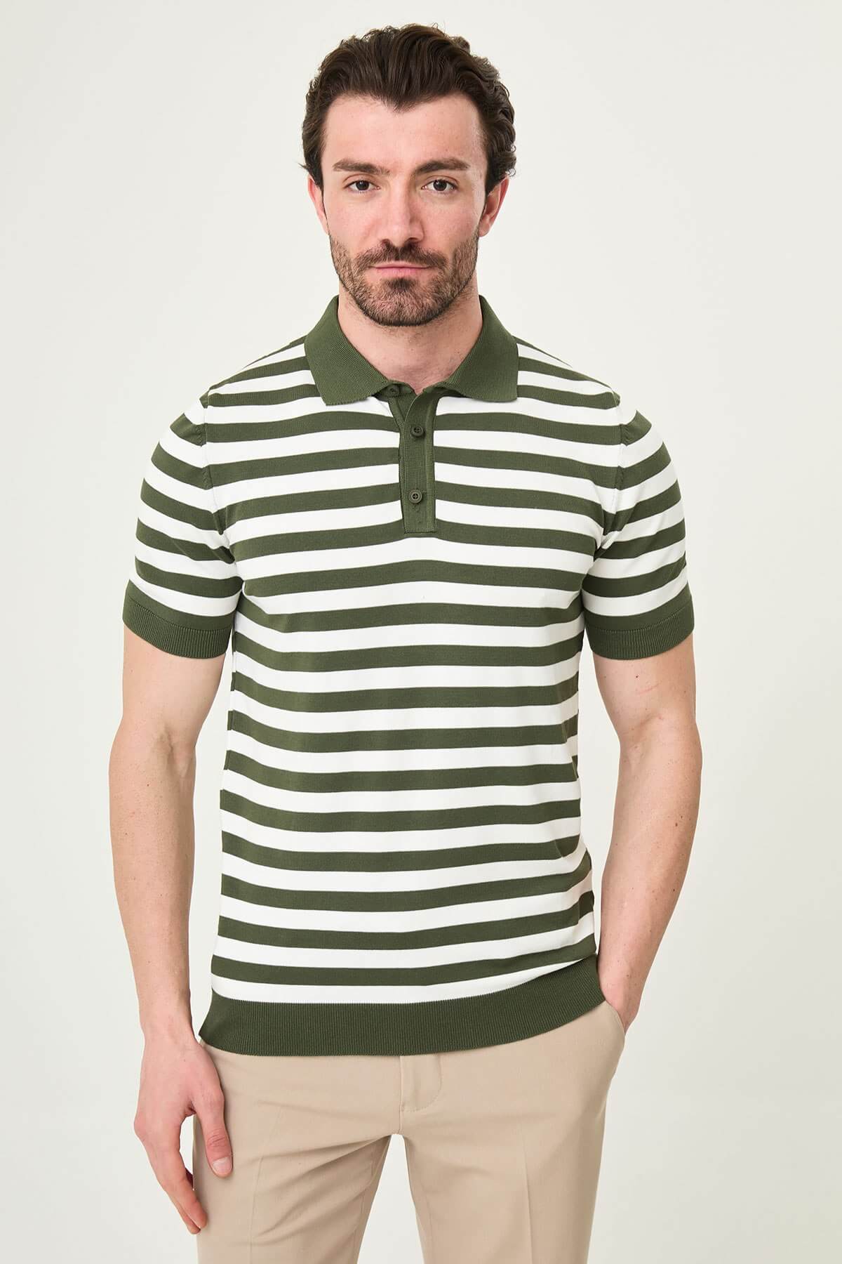 Men’s khaki and white striped knit polo shirt with short sleeves, slim fit, breathable cotton fabric, smart casual summer style