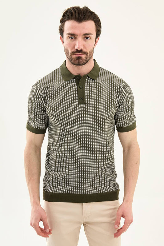 Men’s white striped slim fit knit polo shirt styled with dark trousers for an elegant summer smart-casual outfit.