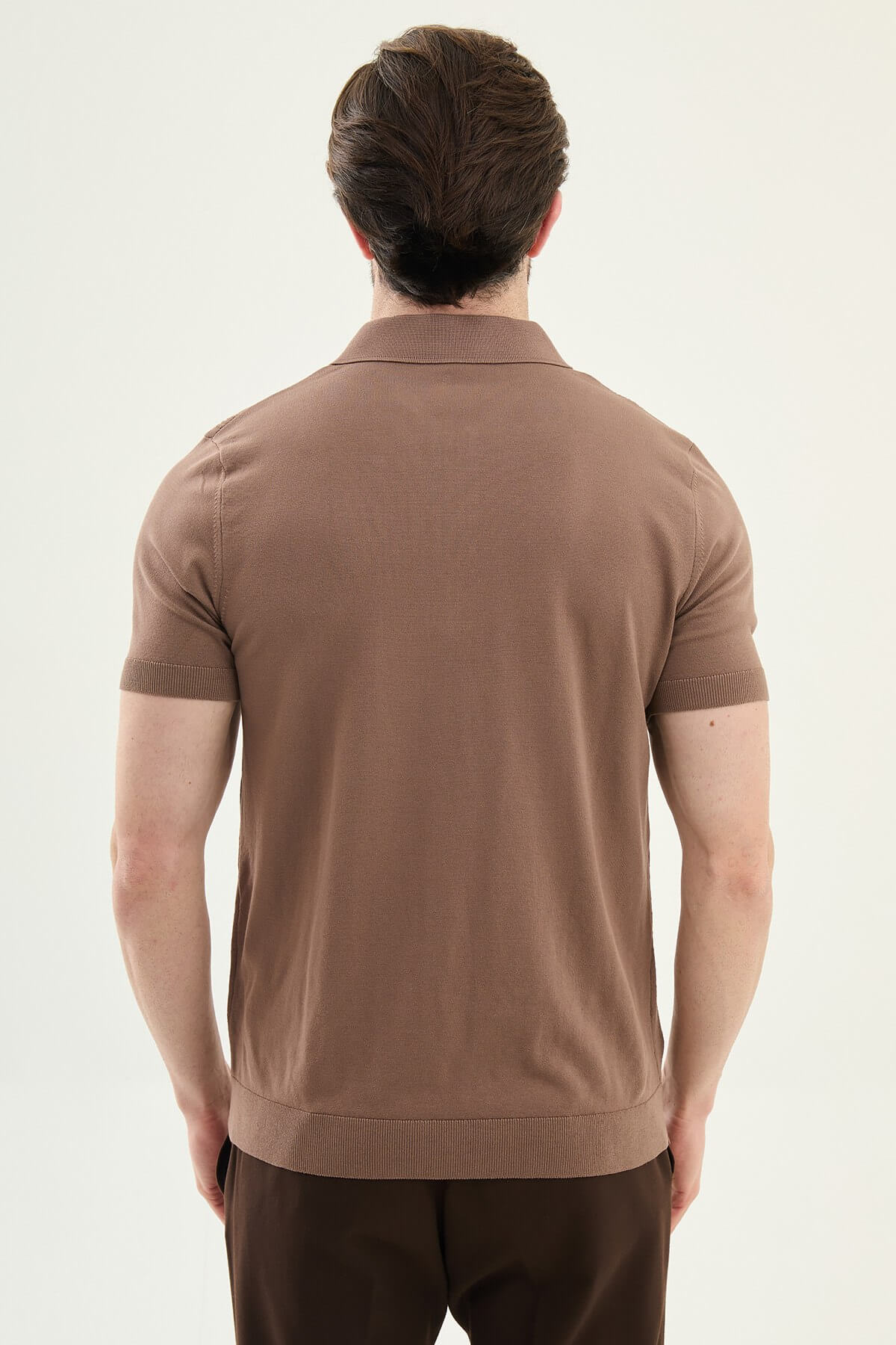 Men’s light brown textured knit polo shirt with zip collar, slim fit, breathable cotton blend, smart casual summer style