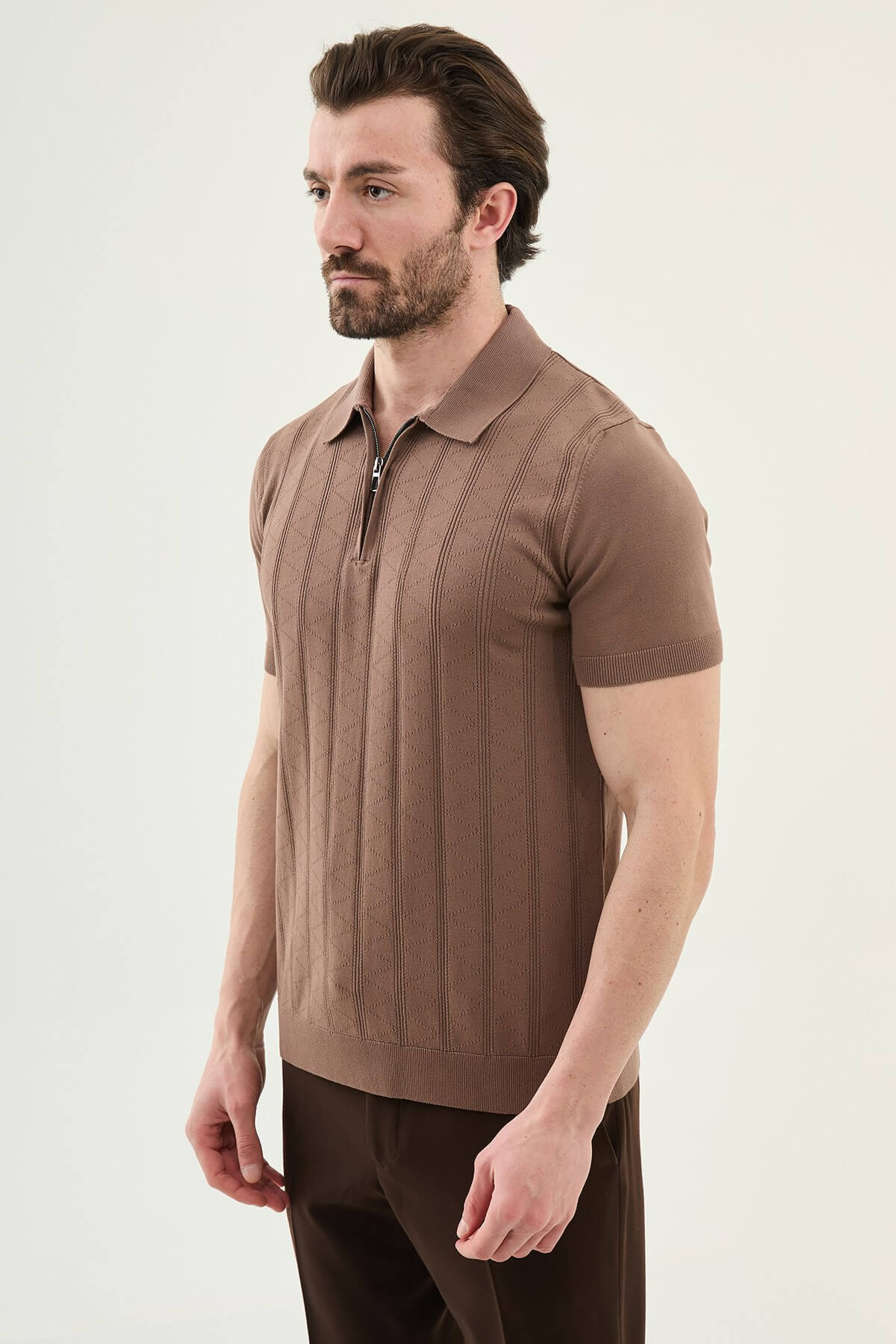 Men’s light brown textured knit polo shirt with zip collar, slim fit, breathable cotton blend, smart casual summer style