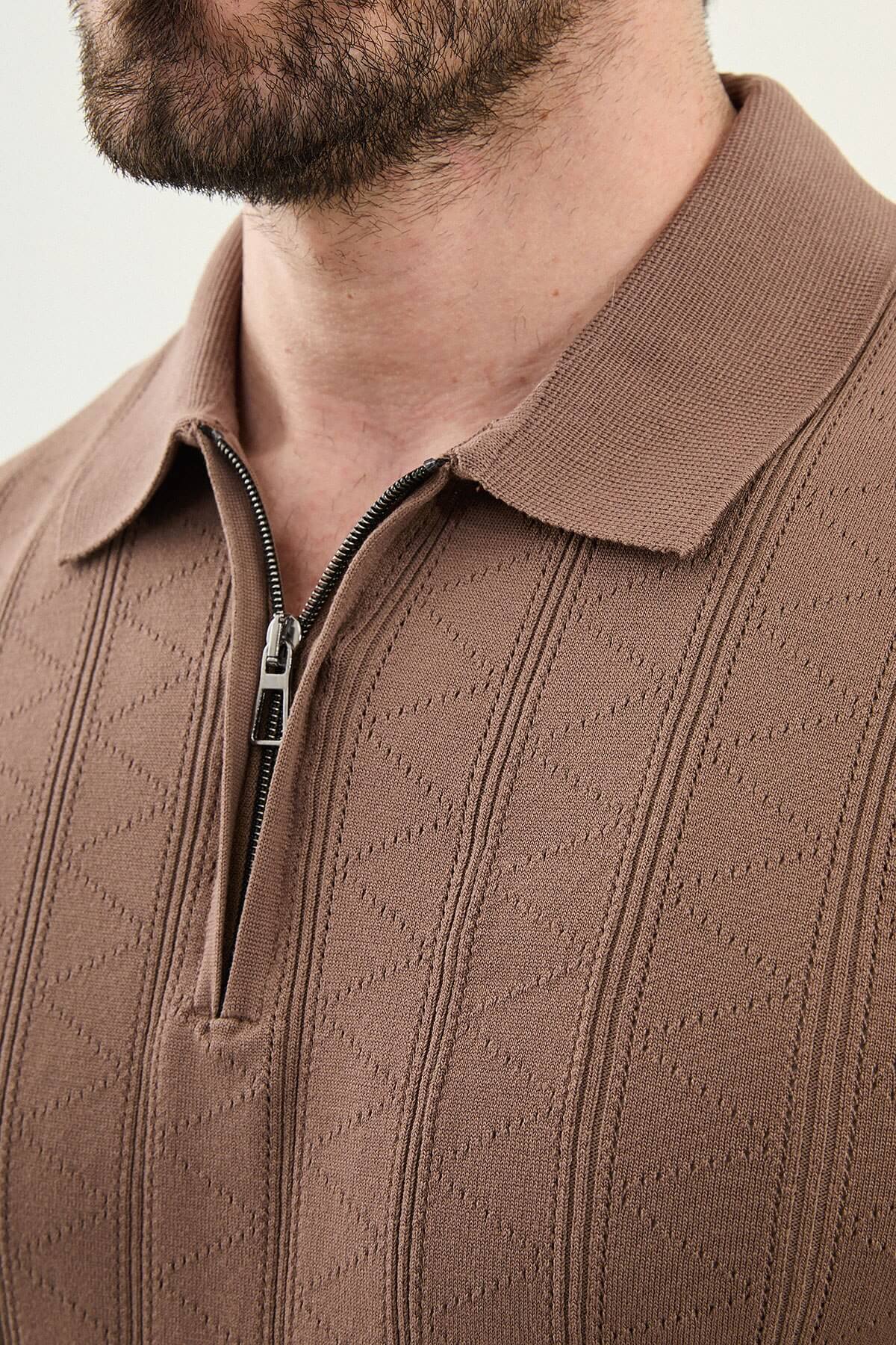 Men’s light brown textured knit polo shirt with zip collar, slim fit, breathable cotton blend, smart casual summer style
