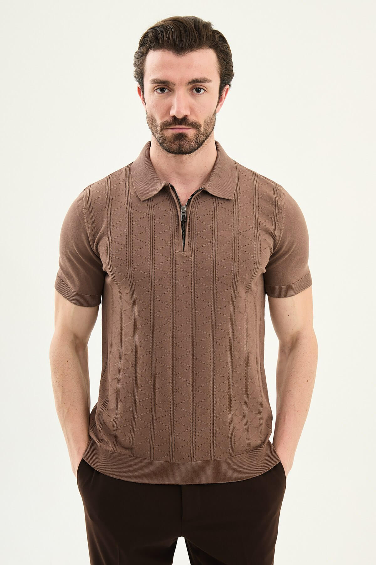 Men’s light brown textured knit polo shirt with zip collar, slim fit, breathable cotton blend, smart casual summer style