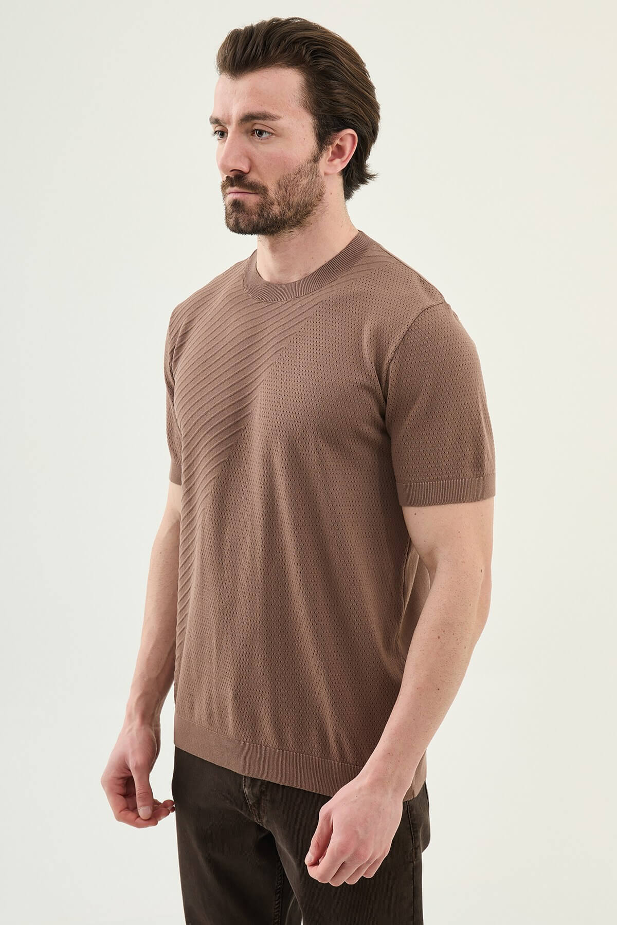 Light brown slim fit textured crew neck t-shirt with short sleeves side view