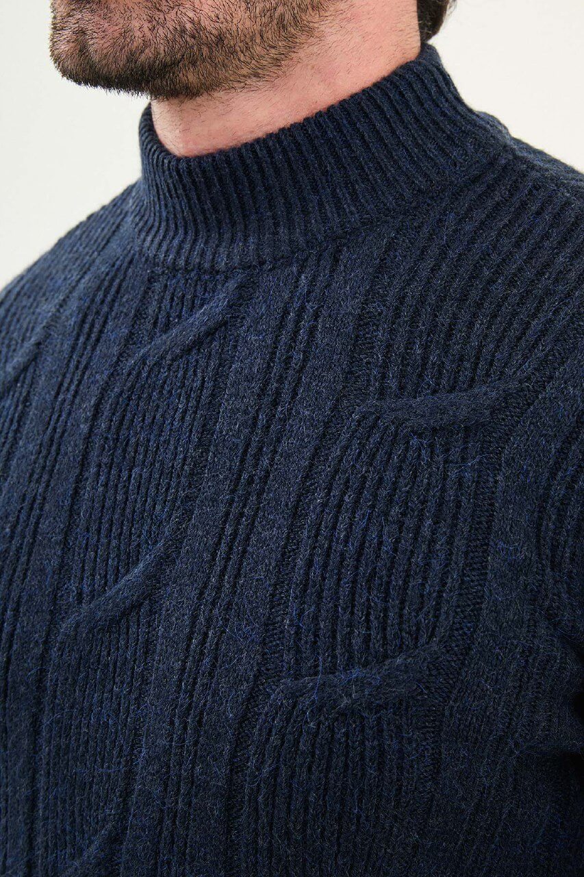 Navy Blue Cable-Knit High Neck Sweater. – HolloMen