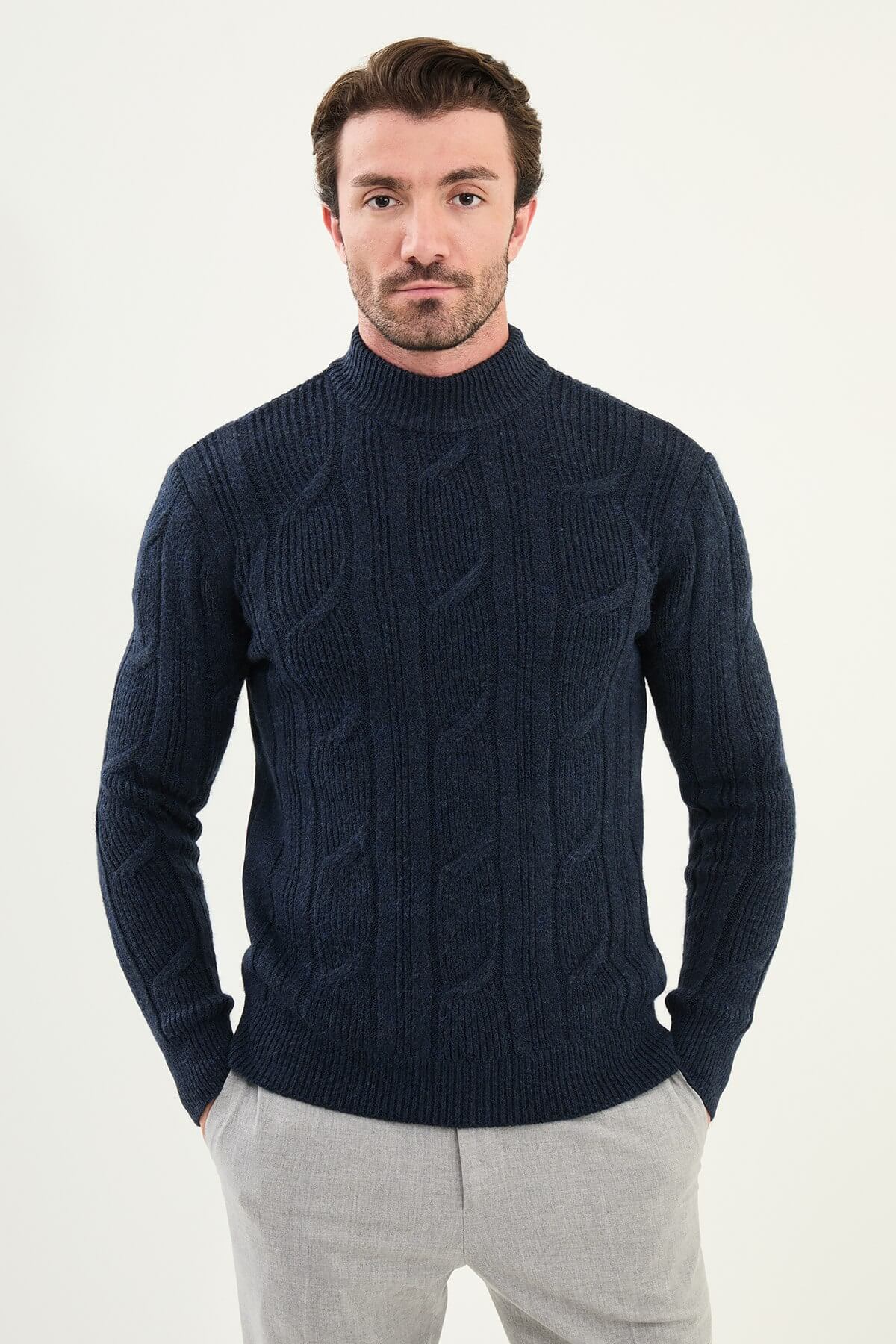 AXIST navy blue slim fit cable-knit high neck sweater
