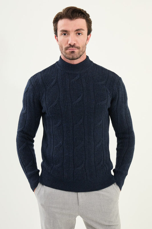 AXIST navy blue slim fit cable-knit high neck sweater