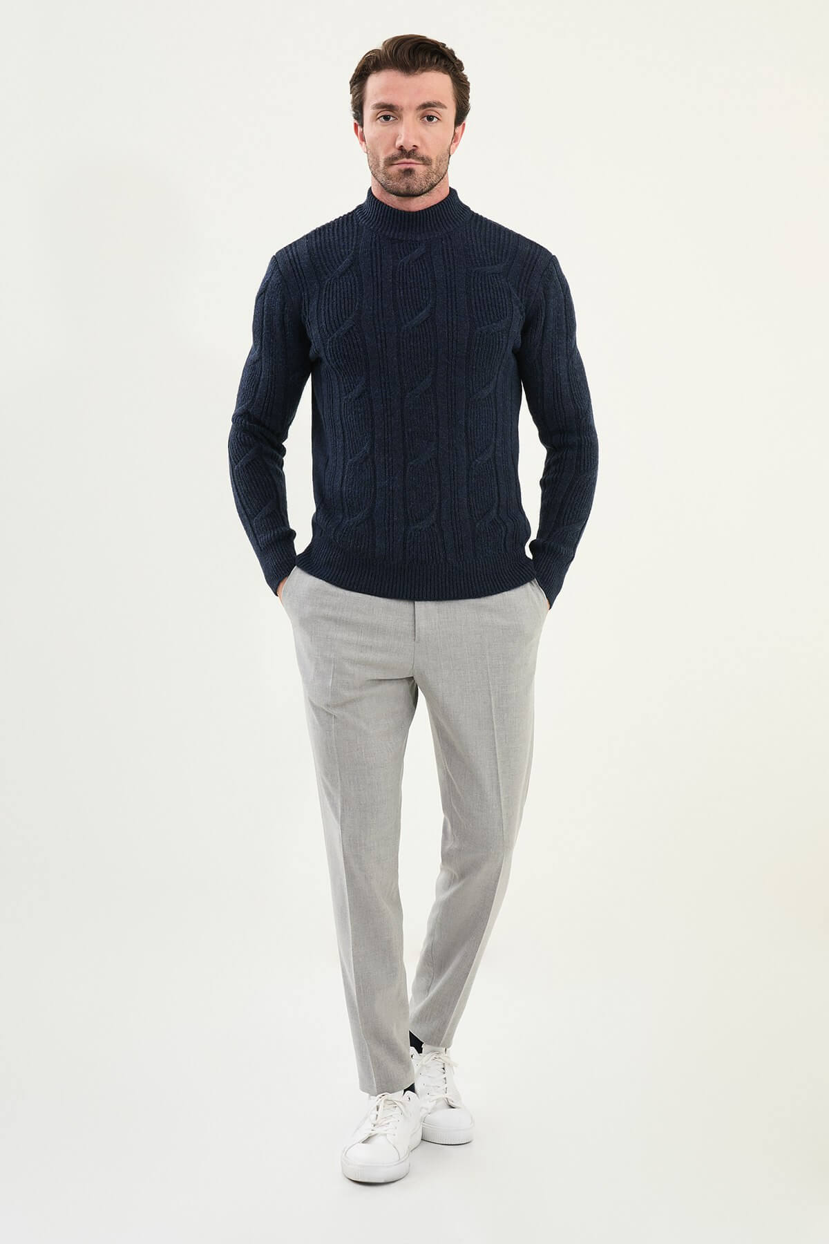 AXIST navy blue slim fit cable-knit high neck sweater