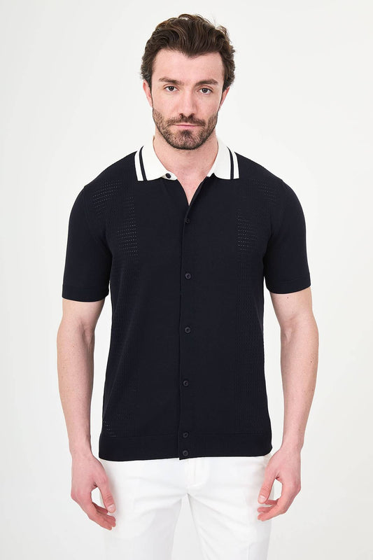 Men’s navy blue short sleeve knit polo shirt with button front, contrast tipped collar, textured side panels, slim fit smart casual style