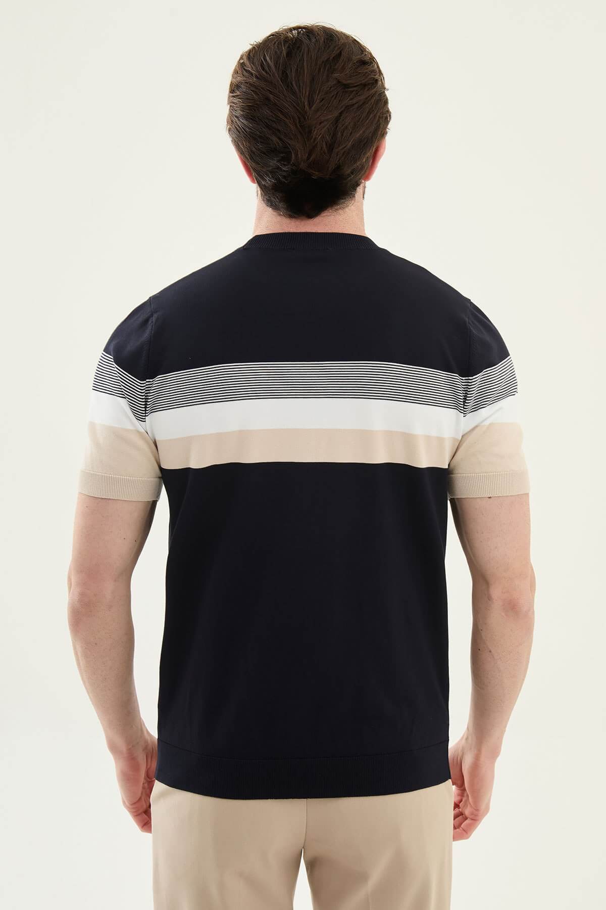 Men’s navy blue slim fit striped knit t-shirt with white and beige horizontal stripes modern smart casual style