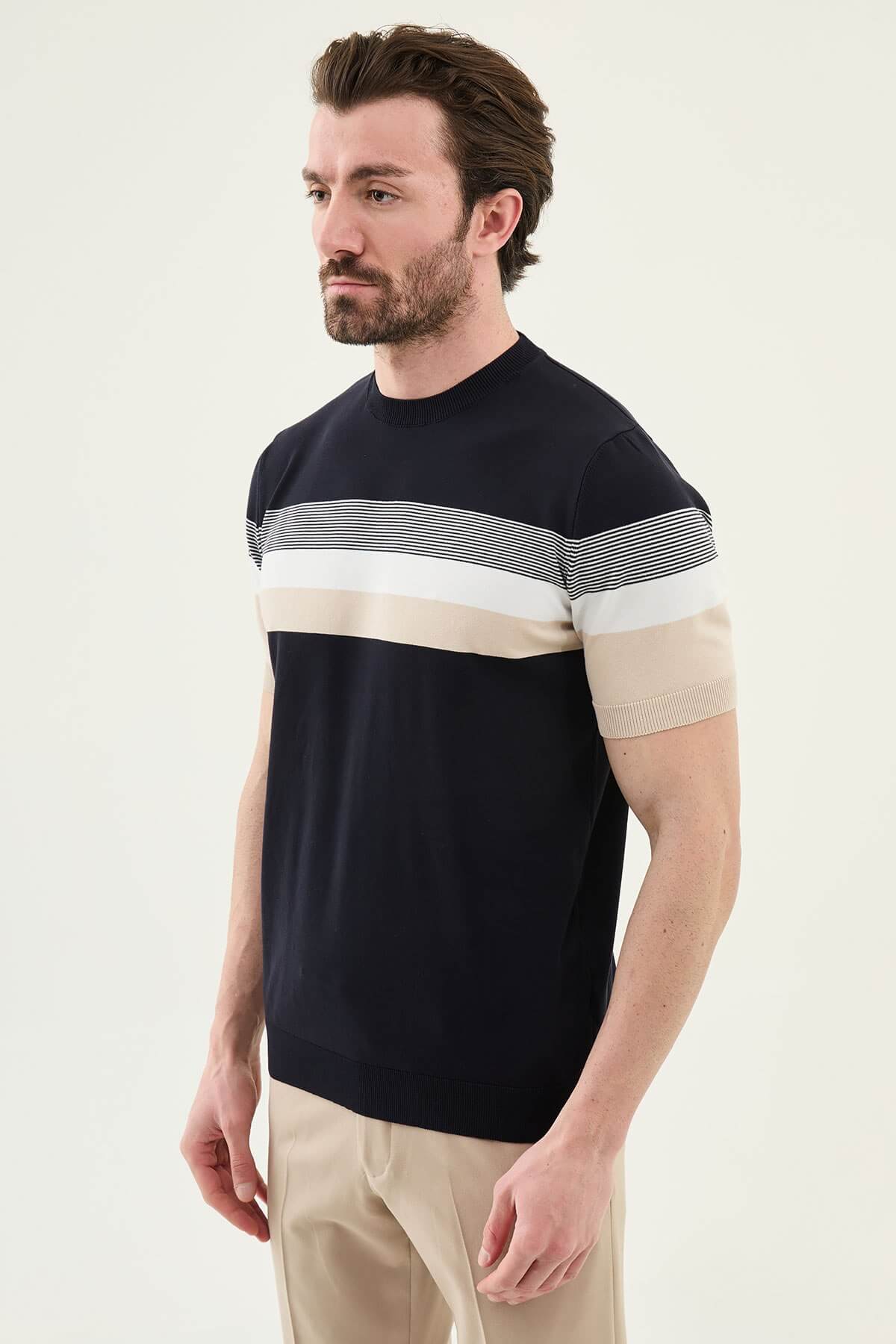 Men’s navy blue slim fit striped knit t-shirt with white and beige horizontal stripes modern smart casual style