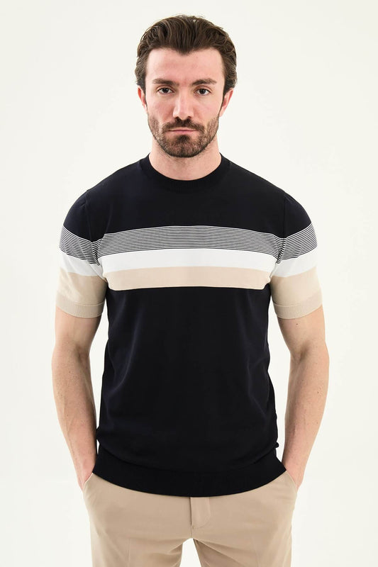 Men’s navy blue slim fit striped knit t-shirt with white and beige horizontal stripes modern smart casual style