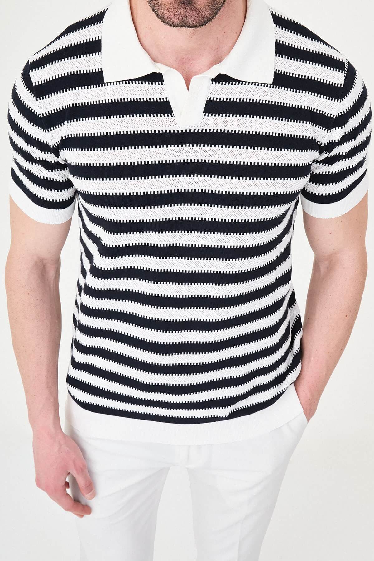 Men’s navy blue slim fit lapel collar knitwear polo T-shirt with short sleeves for smart-casual summer style.