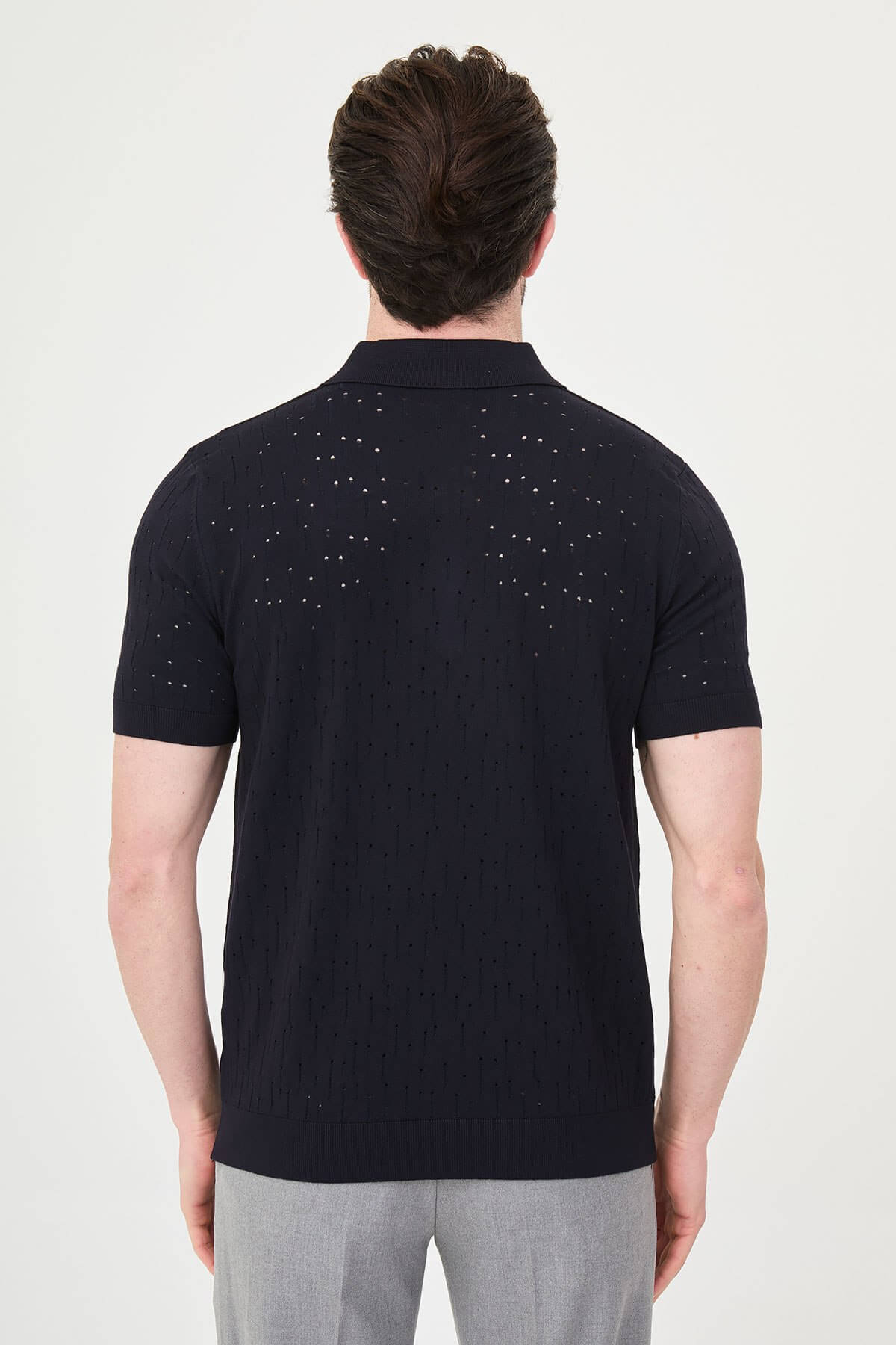 Men’s navy blue slim fit polo collar zippered knit t-shirt with short sleeves, breathable viscose stretch fabric, smart casual style