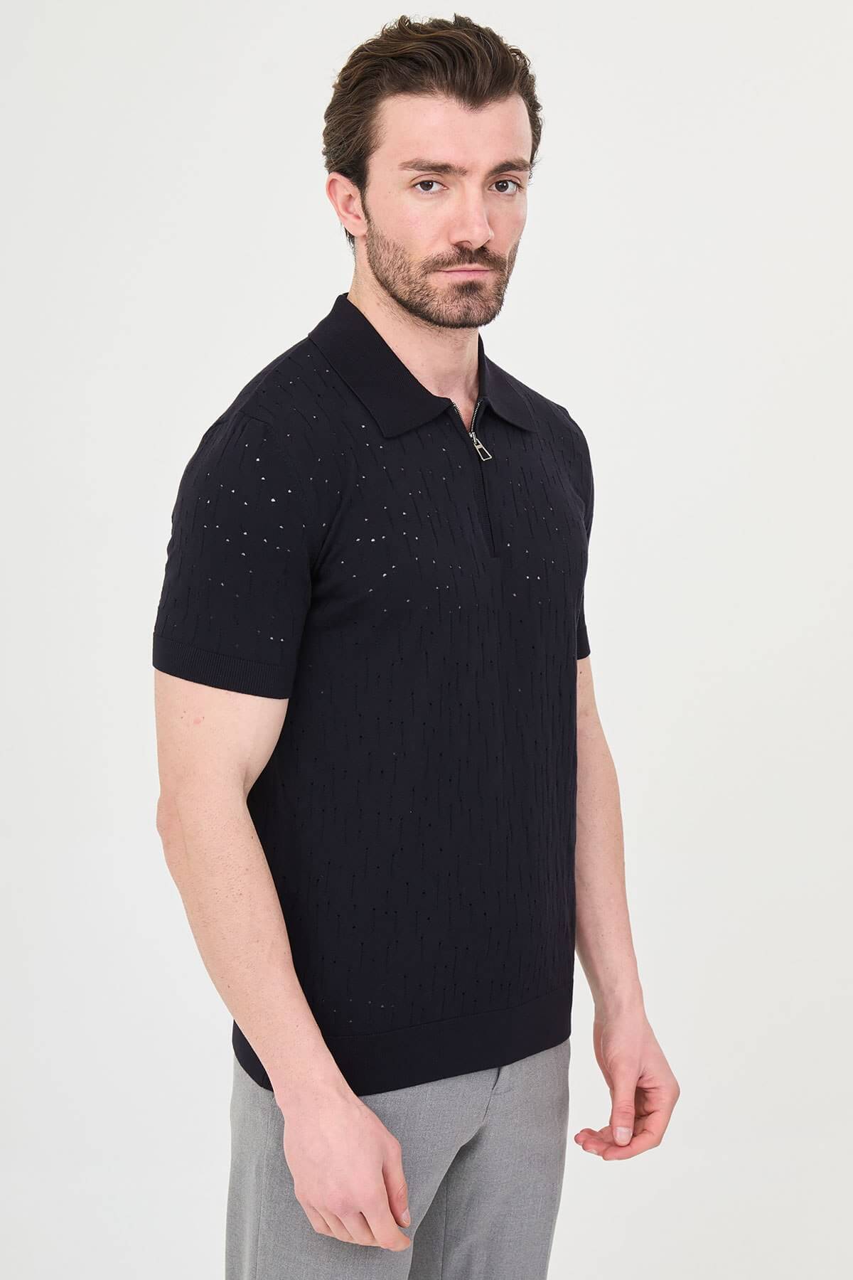Men’s navy blue slim fit polo collar zippered knit t-shirt with short sleeves, breathable viscose stretch fabric, smart casual style