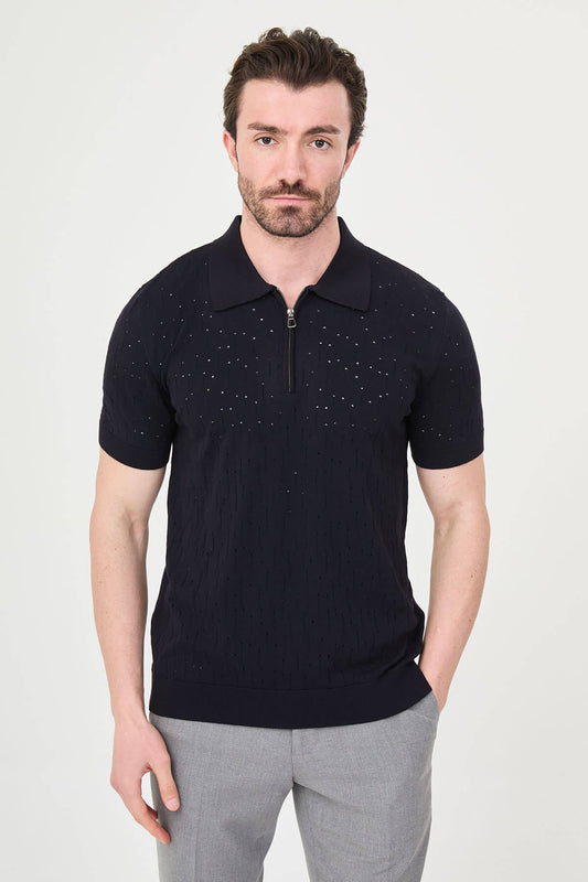 Men’s navy blue slim fit polo collar zippered knit t-shirt with short sleeves, breathable viscose stretch fabric, smart casual style