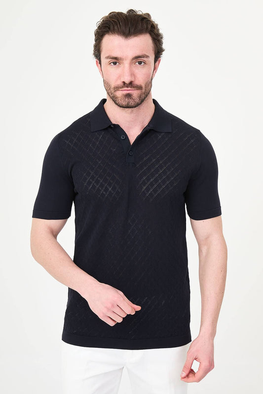 Men’s navy blue slim fit knit polo T-shirt with textured diamond pattern, short sleeves, tailored fit, smart casual style