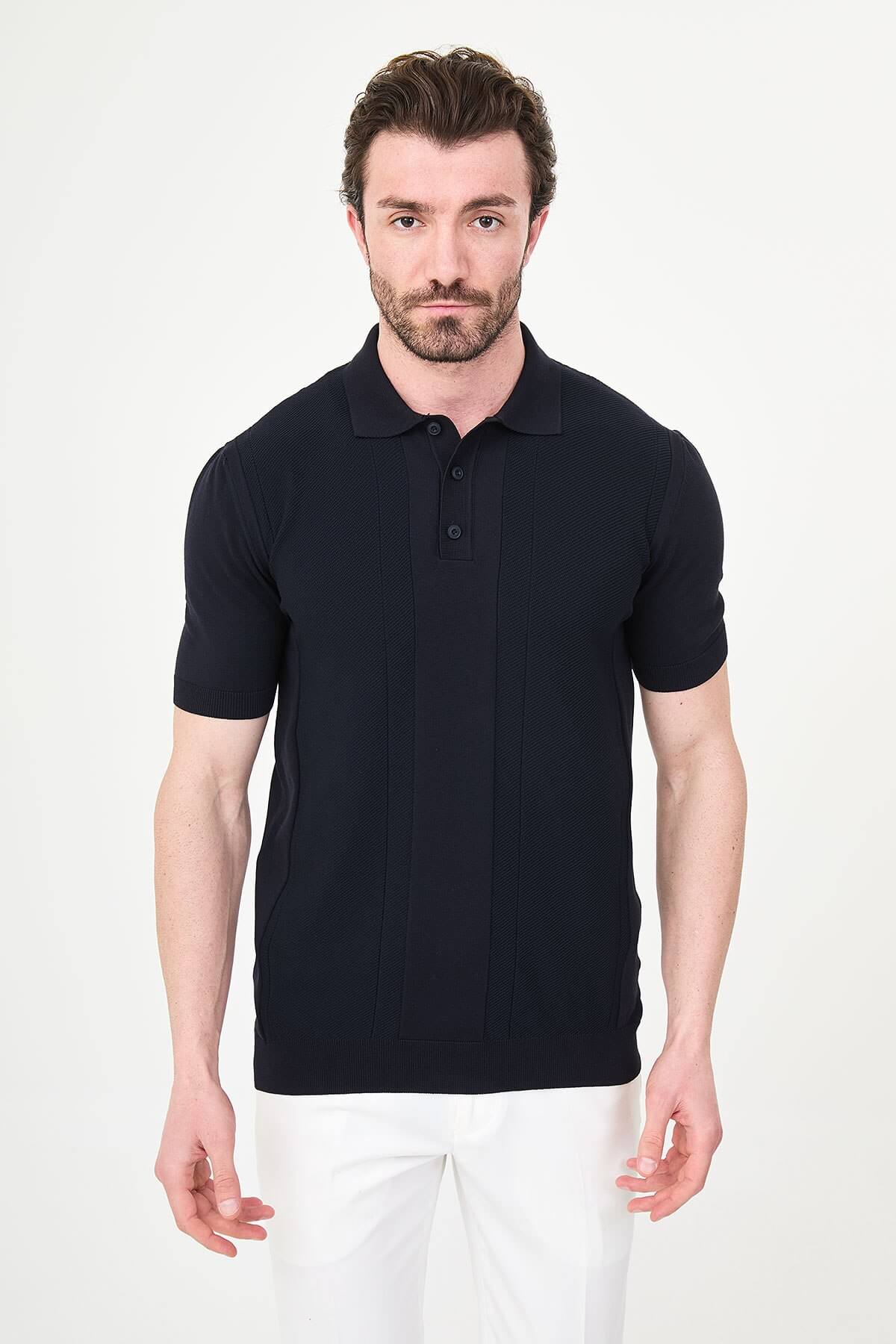 Men’s navy blue slim fit textured knit polo T-shirt with vertical panel design, short sleeves, classic collar, modern minimal style