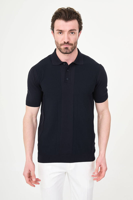 Men’s navy blue slim fit textured knit polo T-shirt with vertical panel design, short sleeves, classic collar, modern minimal style