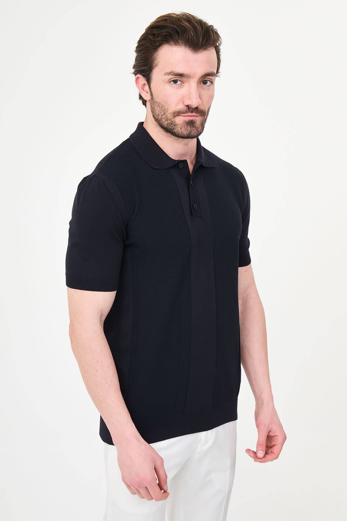Men’s navy blue slim fit textured knit polo T-shirt with vertical panel design, short sleeves, classic collar, modern minimal style