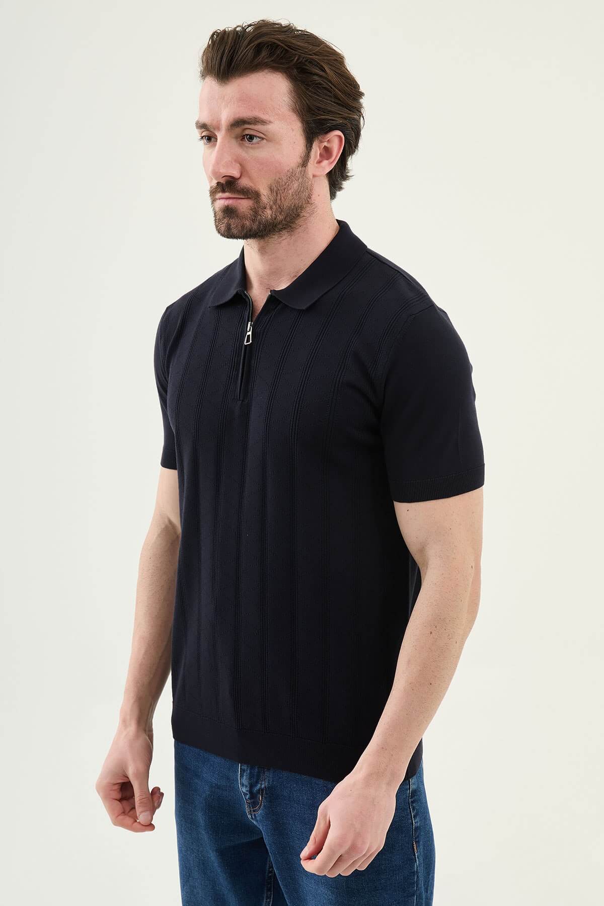 Men’s navy blue textured knit polo shirt with zip collar, slim fit, breathable cotton blend, smart casual style