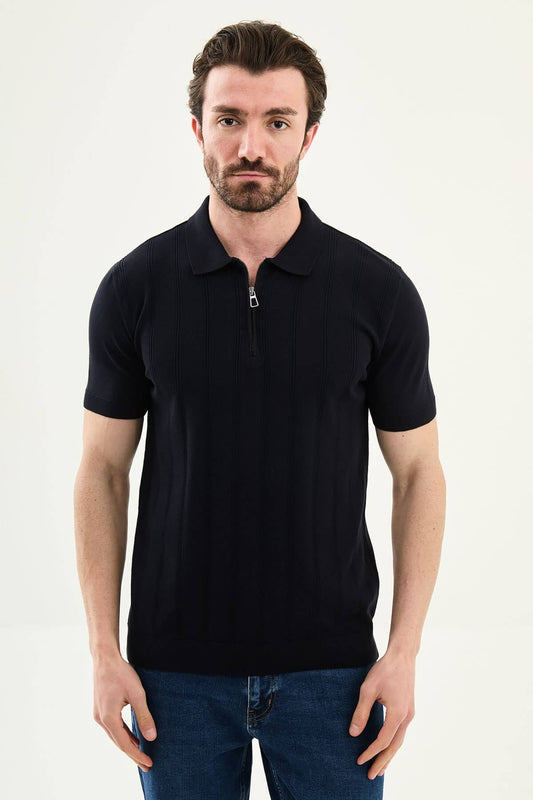 Men’s navy blue textured knit polo shirt with zip collar, slim fit, breathable cotton blend, smart casual style