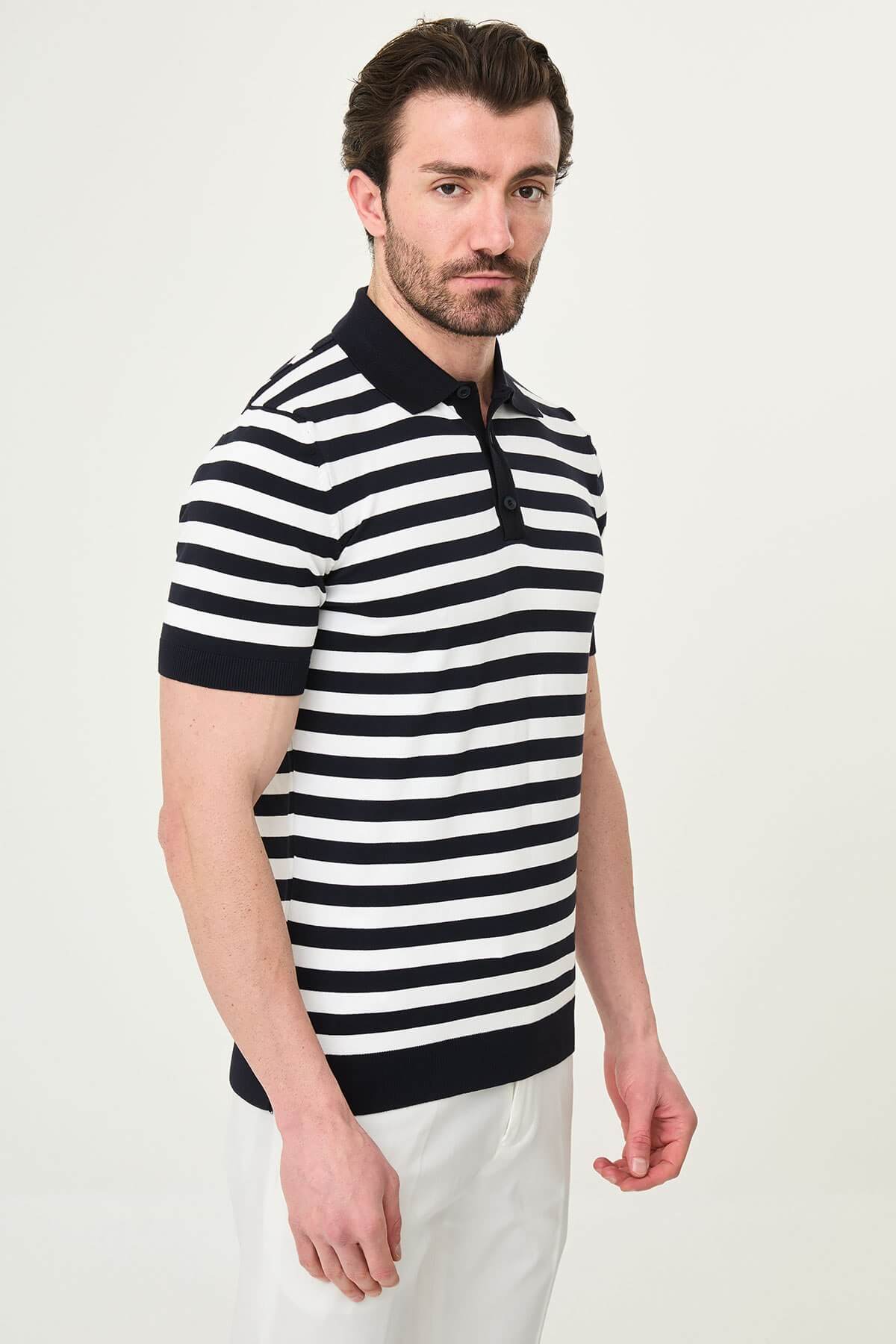 Men’s navy blue and white striped knit polo shirt with short sleeves, slim fit, breathable cotton fabric, stylish summer smart casual outfit