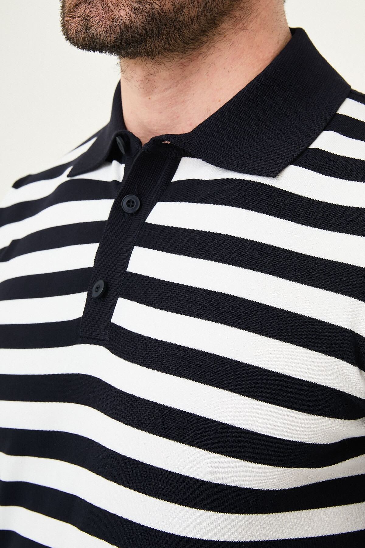 Men’s navy blue and white striped knit polo shirt with short sleeves, slim fit, breathable cotton fabric, stylish summer smart casual outfit