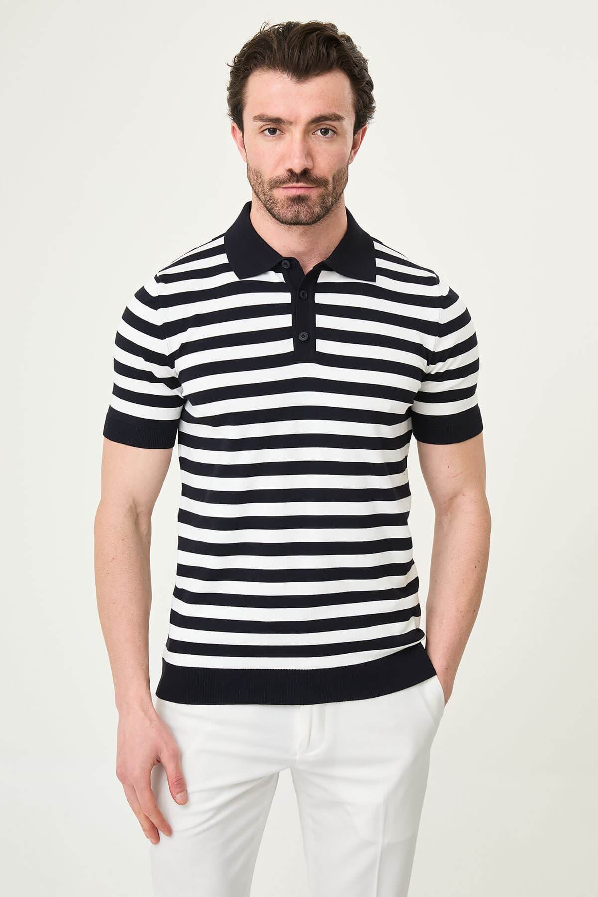 Men’s navy blue and white striped knit polo shirt with short sleeves, slim fit, breathable cotton fabric, stylish summer smart casual outfit
