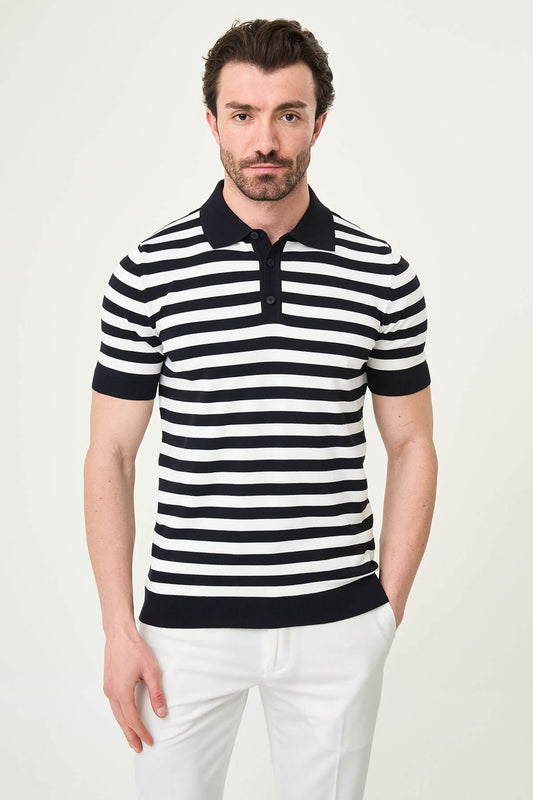 Men’s navy blue and white striped knit polo shirt with short sleeves, slim fit, breathable cotton fabric, stylish summer smart casual outfit