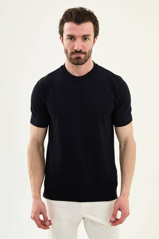 Men’s navy blue slim fit textured crew neck T-shirt with diagonal knit detail, short sleeves, modern casual style
