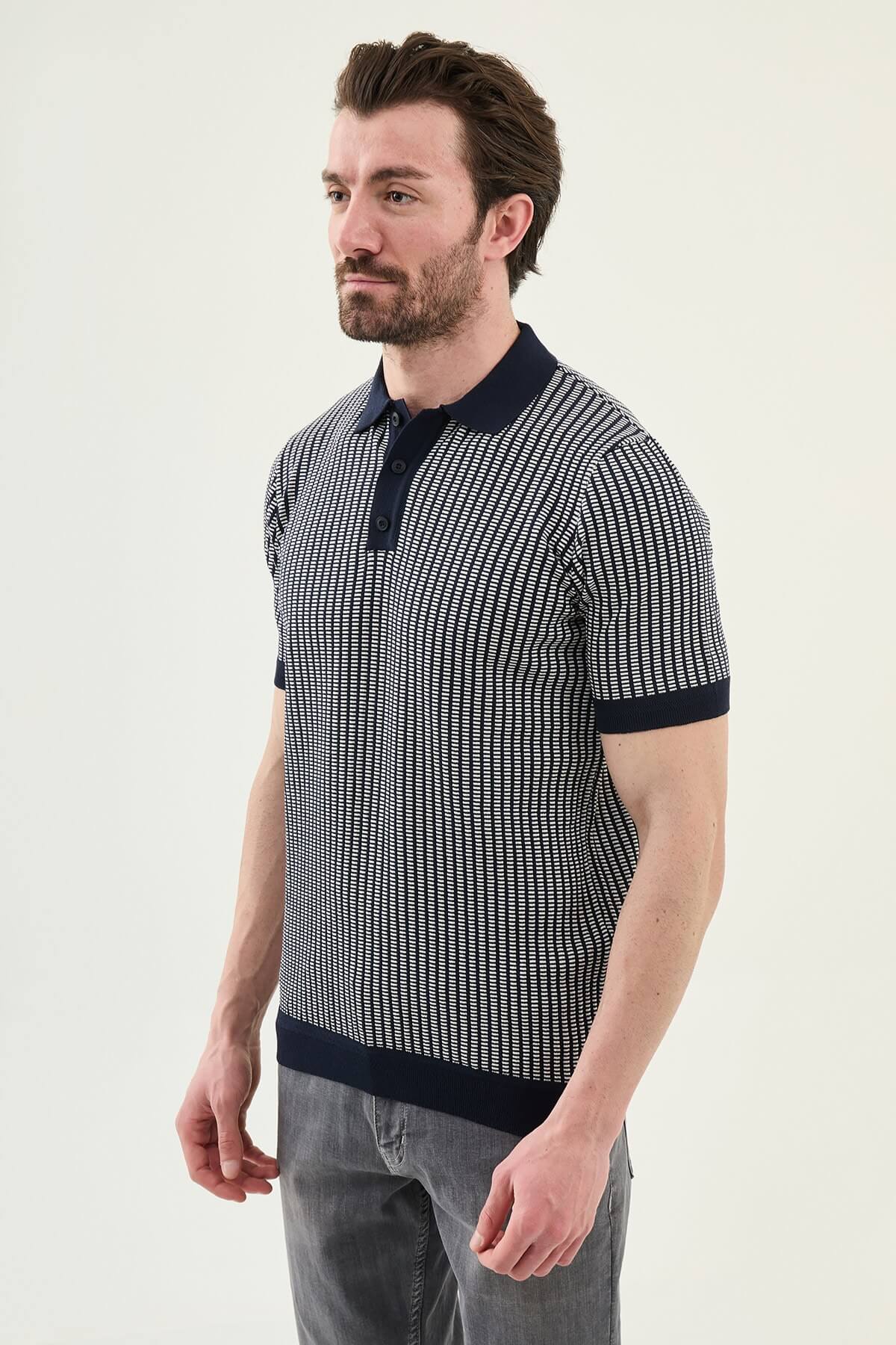 Men’s navy blue slim fit patterned knit polo shirt with textured design and contrast collar smart casual fashion
