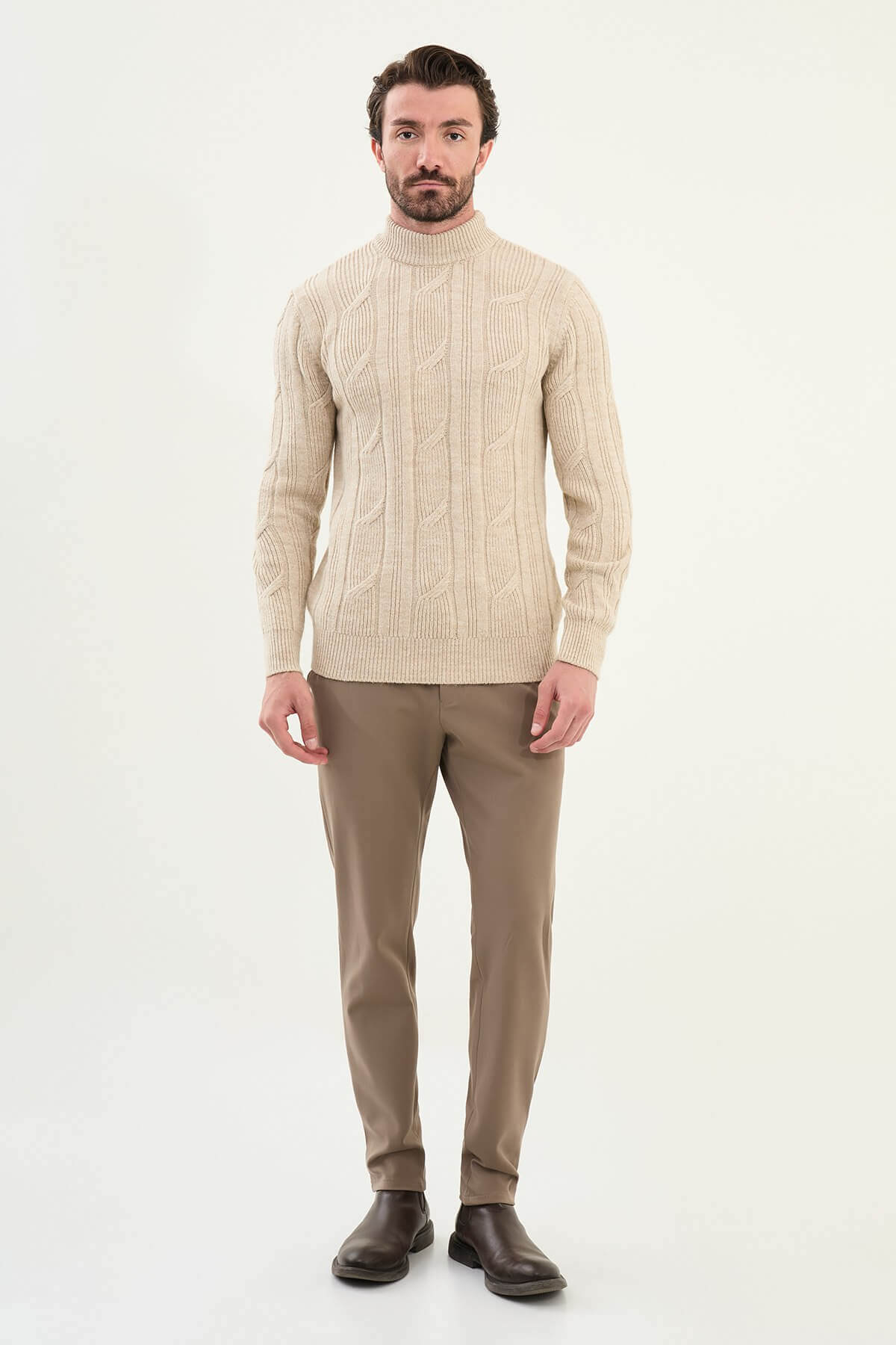 AXIST beige slim fit cable-knit mock neck sweater