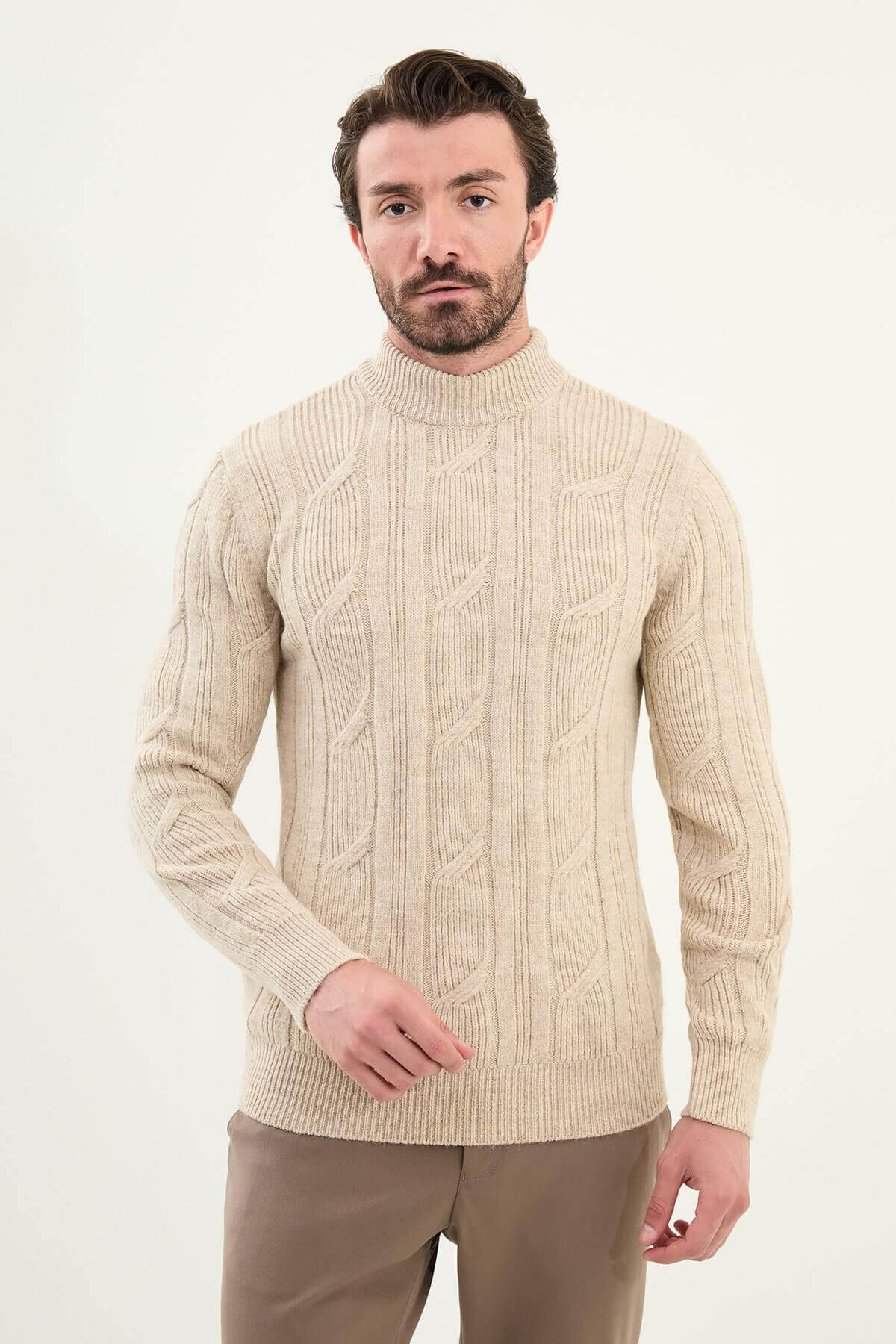 AXIST beige slim fit cable-knit mock neck sweater