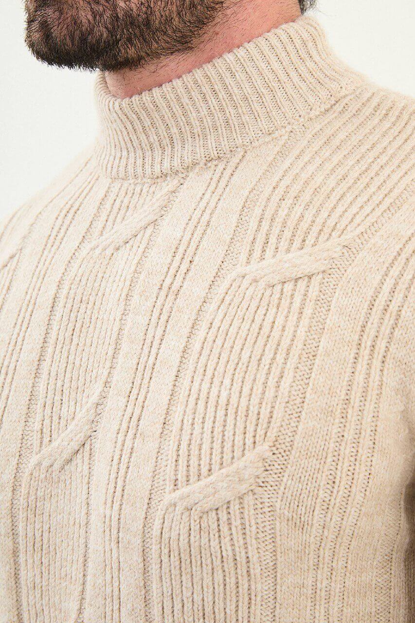 AXIST beige slim fit cable-knit mock neck sweater